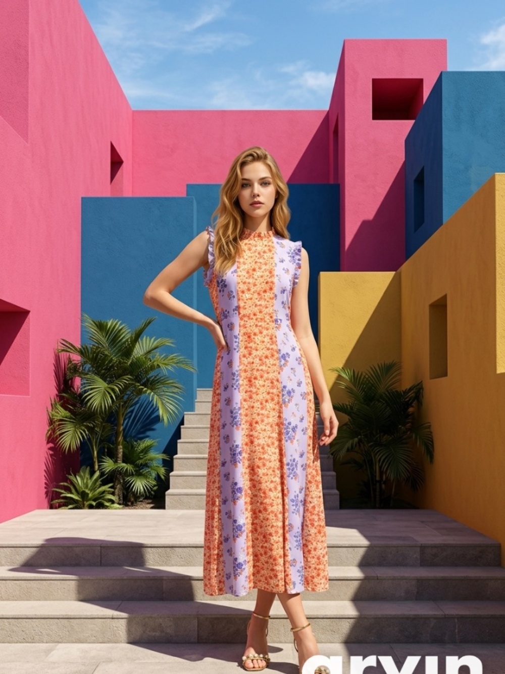NWT VILA Dress Sleeveless Orange Floral Ruffle Boho Midi Size L